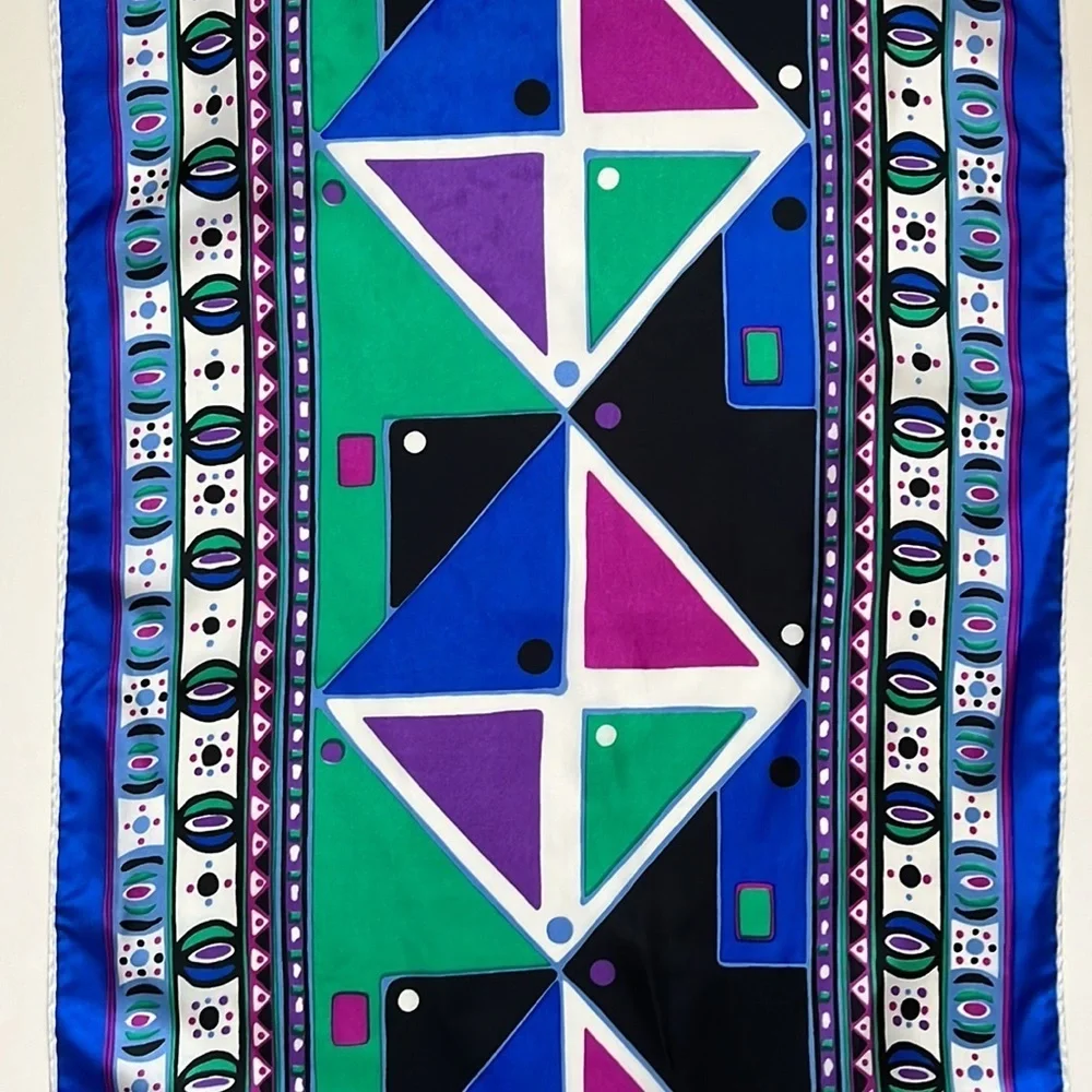 3/$15 Vintage Bold Geometric Shape Satin Look Long Scarf Black Blue Green Purple